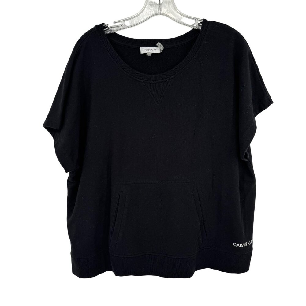 Calvin Klein Womens Black Short Sleeve  Sweatshirt Top Kangaroo Pocket sz large